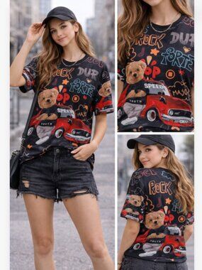 Streetwear Teddy Bear Graphic Tee Black Cartoon Print Oversized T-Shirt Trendy